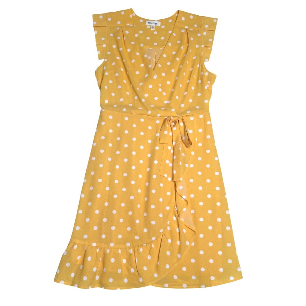 Monteau Faux Wrap Polka Dot Ruffle Yellow Dress Womens Large